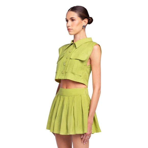 OW Collection Mira Boxy Vest & Pleats Skirt Set Moss Womens Size Small - Picture 2 of 12